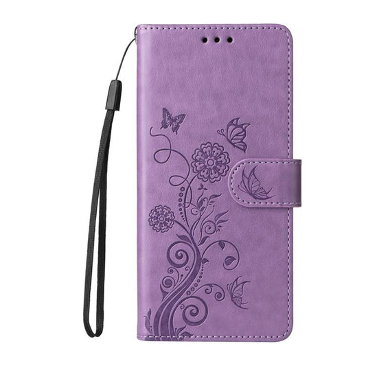 For iPhone 16e Embossed Butterfly Flowers Leather Phone Case(Purple) by bashfashion