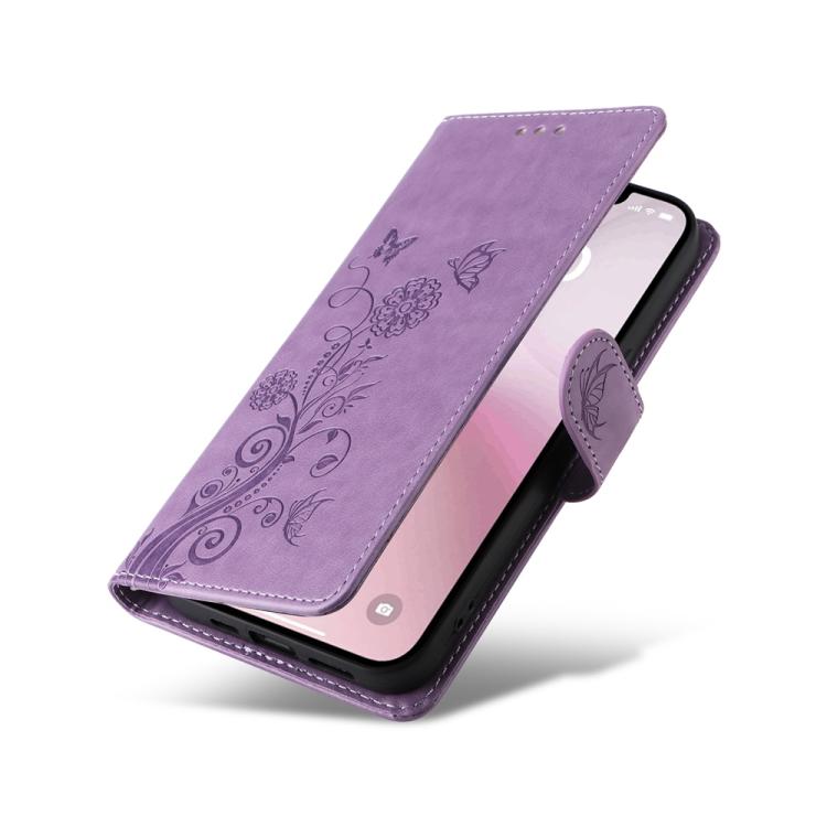 For iPhone 16e Embossed Butterfly Flowers Leather Phone Case(Purple) by bashfashion