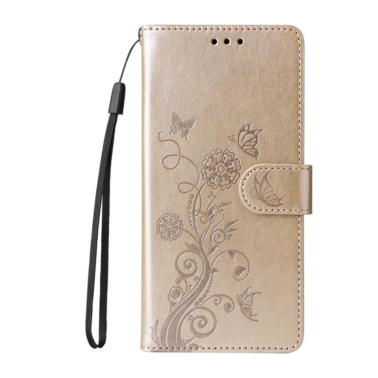 For iPhone 16e Embossed Butterfly Flowers Leather Phone Case(Gold) by bashfashion