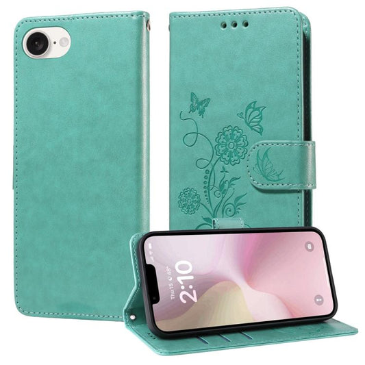 For iPhone 16e Embossed Butterfly Flowers Leather Phone Case(Green) by bashfashion