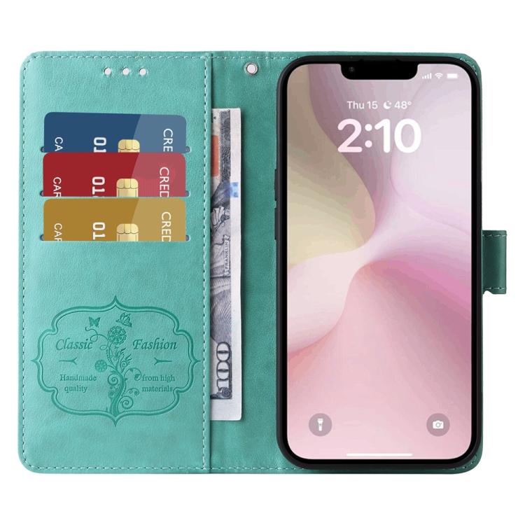 For iPhone 16e Embossed Butterfly Flowers Leather Phone Case(Green) by bashfashion