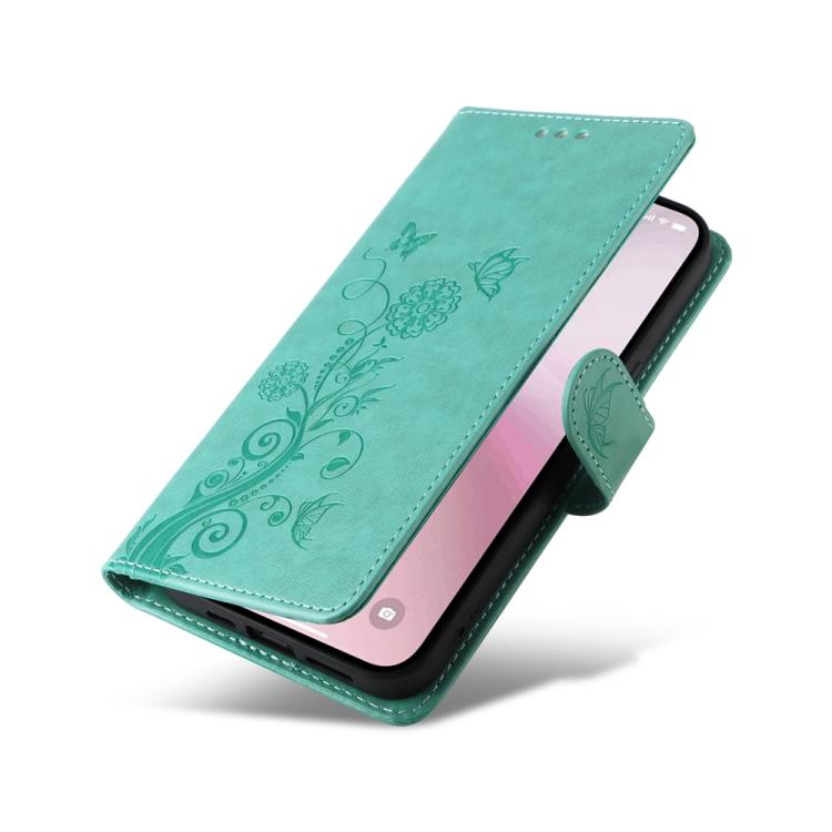 For iPhone 16e Embossed Butterfly Flowers Leather Phone Case(Green) by bashfashion