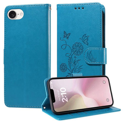 For iPhone 16e Embossed Butterfly Flowers Leather Phone Case(Blue) by bashfashion