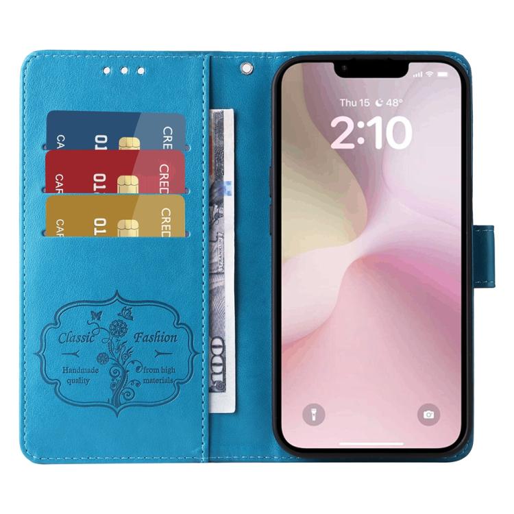 For iPhone 16e Embossed Butterfly Flowers Leather Phone Case(Blue) by bashfashion