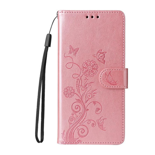 For iPhone 16e Embossed Butterfly Flowers Leather Phone Case(Rose Gold) by bashfashion