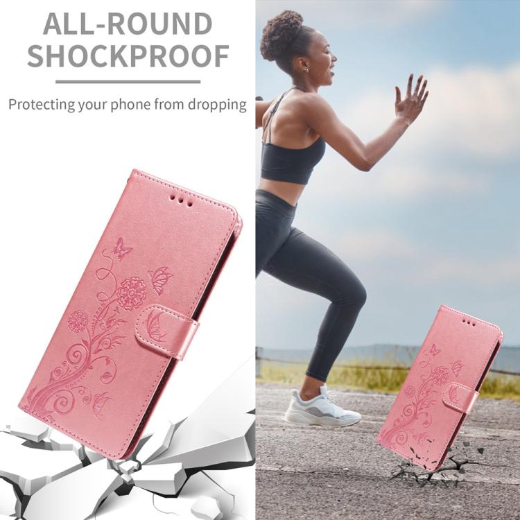 For iPhone 16e Embossed Butterfly Flowers Leather Phone Case(Rose Gold) by bashfashion