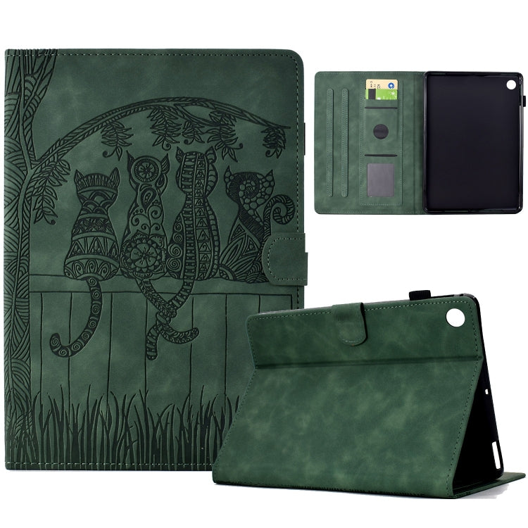 For Samsung Galaxy Tab A11+ / A9+ Cats Embossed Leather Smart Tablet Case(Green) by bashfashion