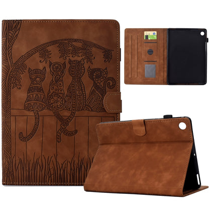 For Samsung Galaxy Tab A11+ / A9+ Cats Embossed Leather Smart Tablet Case(Brown) by bashfashion
