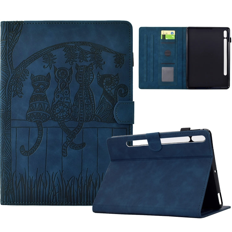 For Samsung Galaxy Tab S8 / S7 Cats Embossed Leather Smart Tablet Case(Dark Blue) by bashfashion
