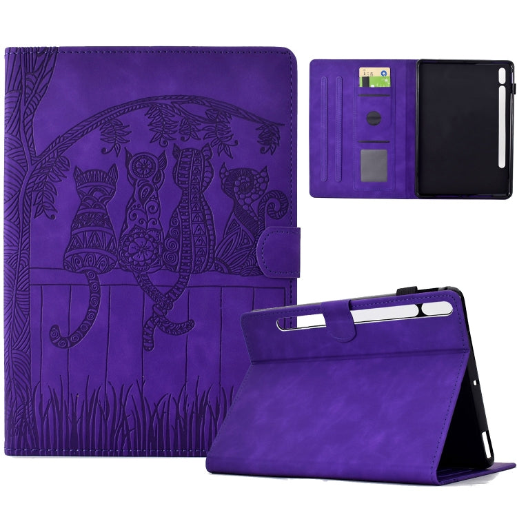 For Samsung Galaxy Tab S8 / S7 Cats Embossed Leather Smart Tablet Case(Purple) by bashfashion