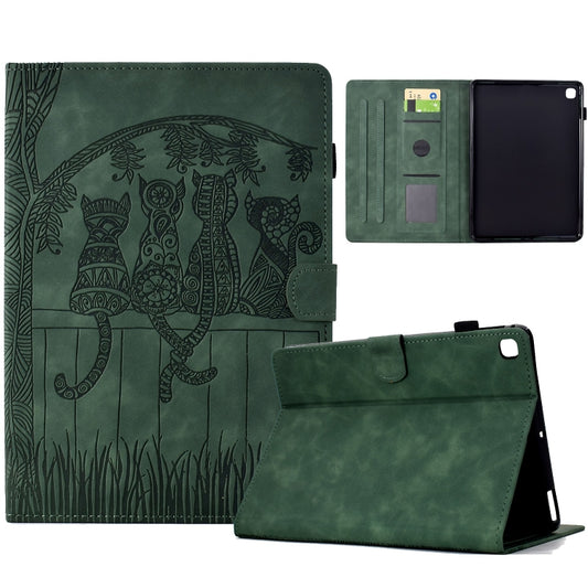 For Samsung Galaxy Tab A7 2020 T500 Cats Embossed Leather Smart Tablet Case(Green) by bashfashion