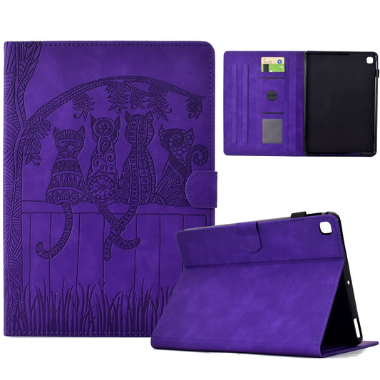 For Samsung Galaxy Tab A7 2020 T500 Cats Embossed Leather Smart Tablet Case(Purple) by bashfashion