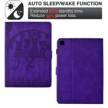 For Samsung Galaxy Tab A7 2020 T500 Cats Embossed Leather Smart Tablet Case(Purple) by bashfashion