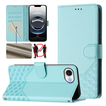 For iPhone 16e Honeycomb Embossing RFID Leather Phone Case(Mint Green) by bashfashion
