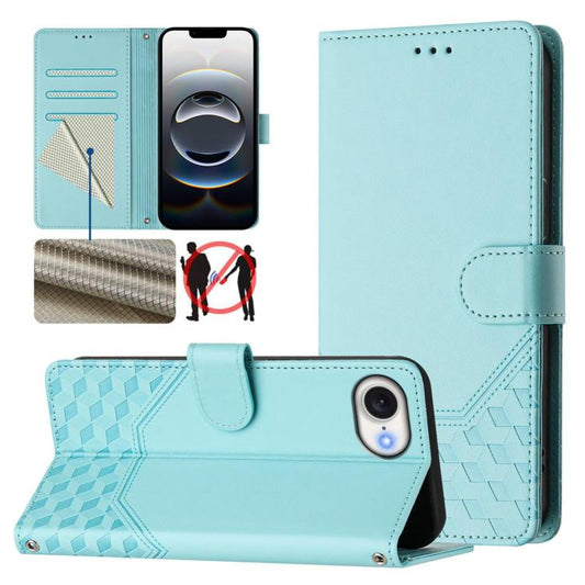 For iPhone 16e Honeycomb Embossing RFID Leather Phone Case(Mint Green) by bashfashion