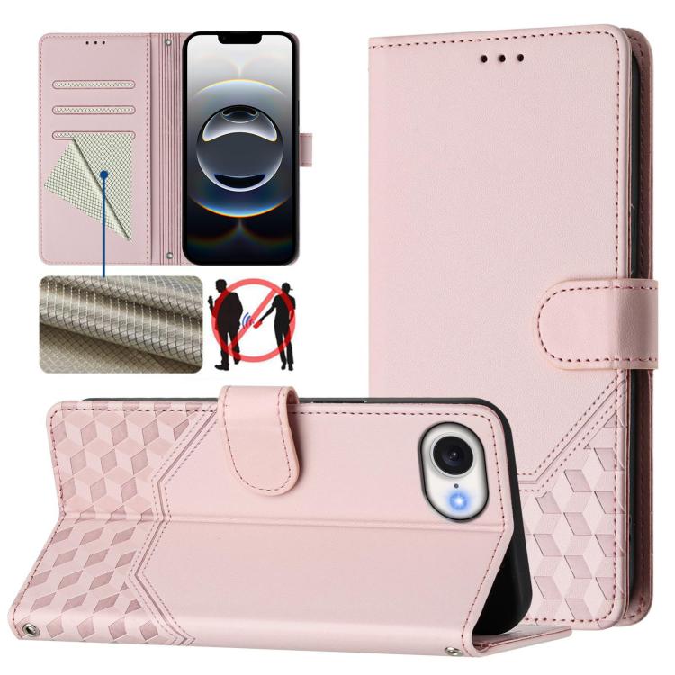 For iPhone 16e Honeycomb Embossing RFID Leather Phone Case(Pink) by bashfashion
