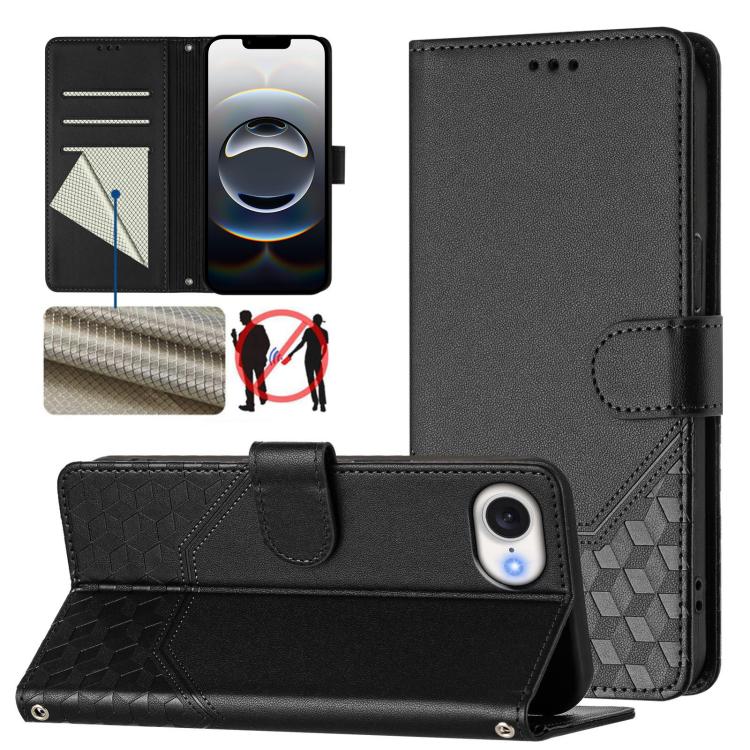 For iPhone 16e Honeycomb Embossing RFID Leather Phone Case(Black) by bashfashion