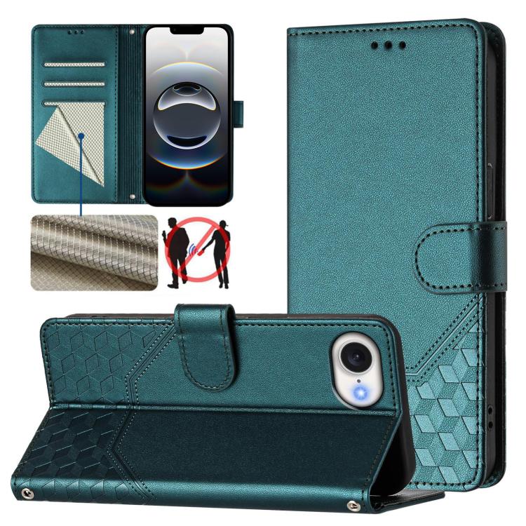 For iPhone 16e Honeycomb Embossing RFID Leather Phone Case(Peacock Green) by bashfashion