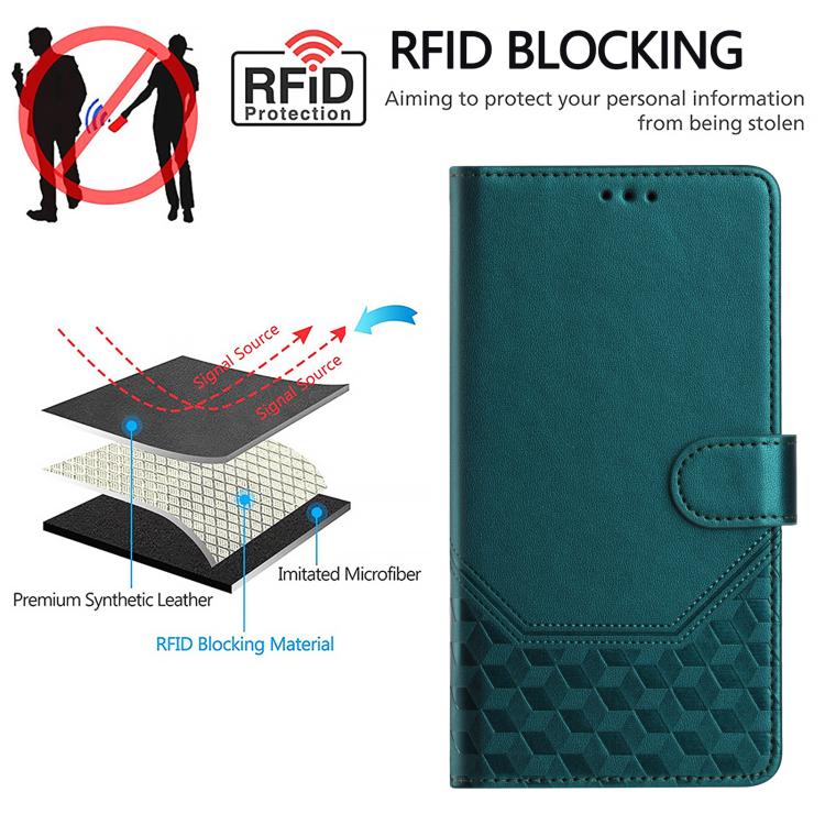 For iPhone 16e Honeycomb Embossing RFID Leather Phone Case(Peacock Green) by bashfashion