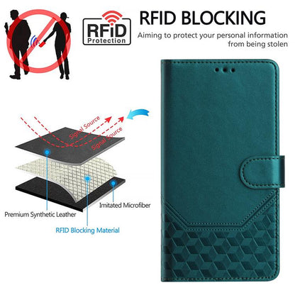 For iPhone 16e Honeycomb Embossing RFID Leather Phone Case(Peacock Green) by bashfashion