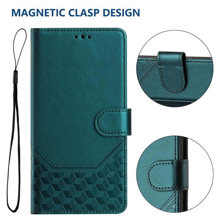 For iPhone 16e Honeycomb Embossing RFID Leather Phone Case(Peacock Green) by bashfashion