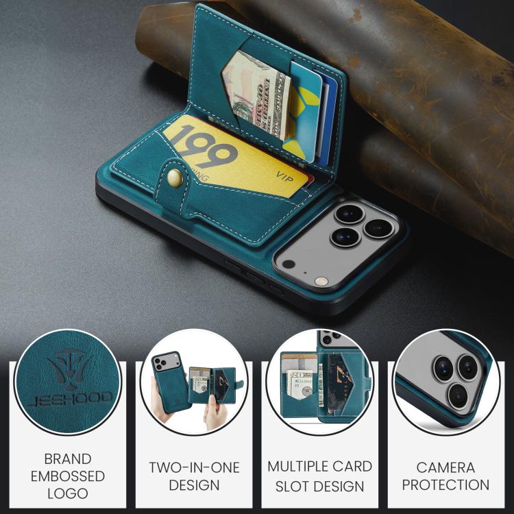 For iPhone 17 Pro JEEHOOD J01 Retro Magnetic Detachable Wallet Phone Case(Blue) by JEEHOOD