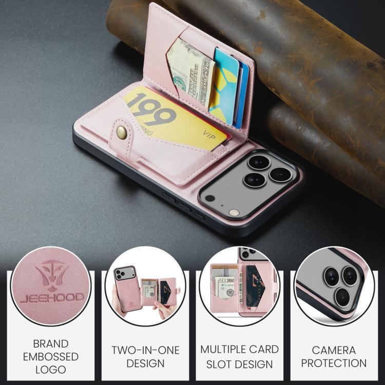For iPhone 17 Pro JEEHOOD J01 Retro Magnetic Detachable Wallet Phone Case(Pink) by JEEHOOD