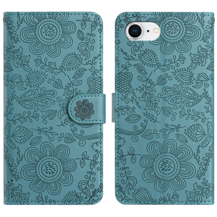 For iPhone 16e Floral Embossed Pattern Leather Phone Case(Dark Green) by bashfashion