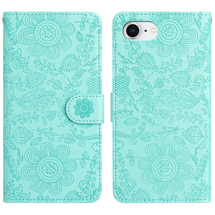 For iPhone 16e Floral Embossed Pattern Leather Phone Case(Light Green) by bashfashion