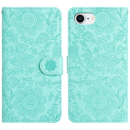 For iPhone 16e Floral Embossed Pattern Leather Phone Case(Light Green) by bashfashion