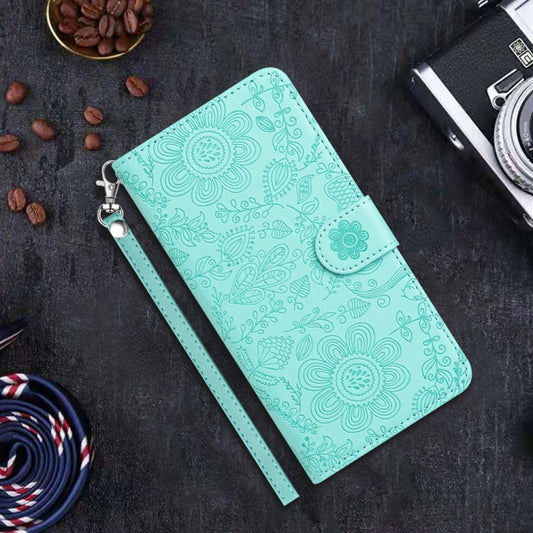 For iPhone 16e Floral Embossed Pattern Leather Phone Case(Light Green) by bashfashion