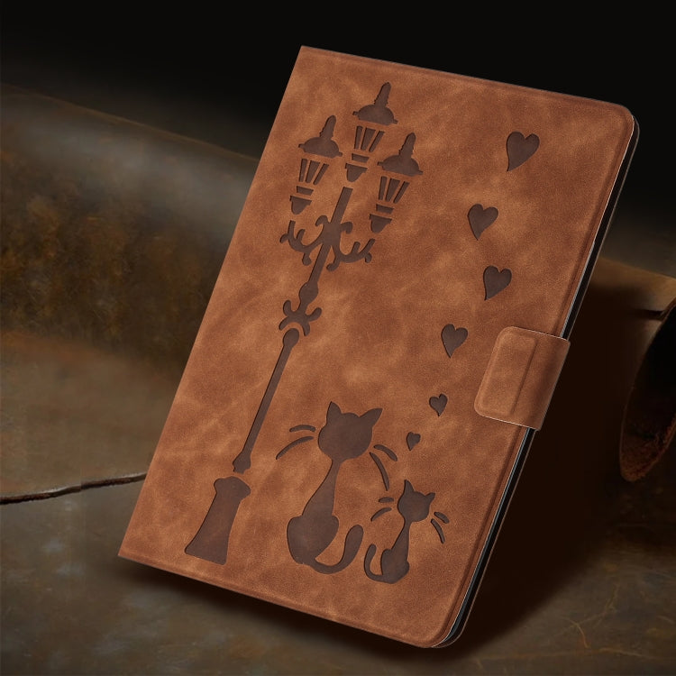 For Samsung Galaxy Tab S6 Lite Embossed Couple Cat Smart Tablet Leather Case(Brown) by bashfashion