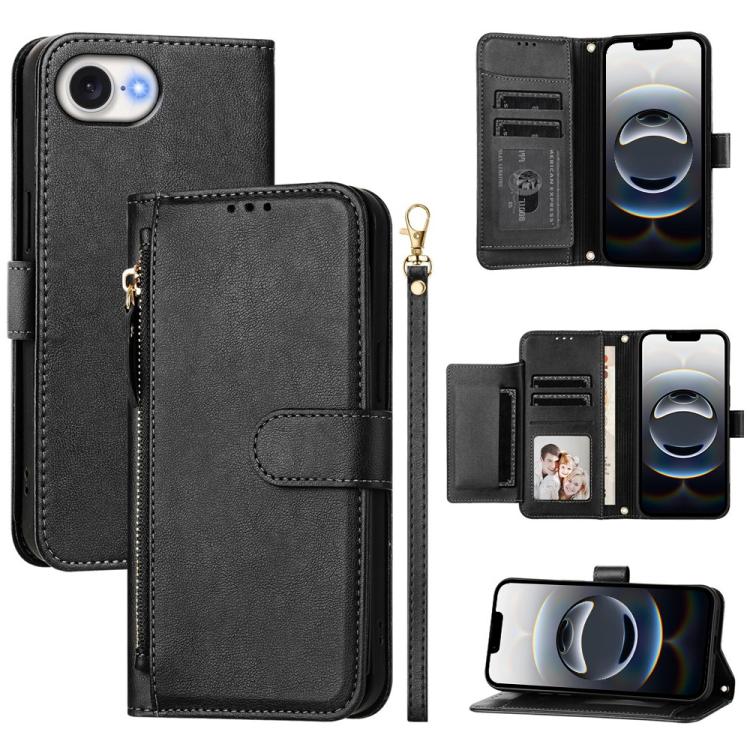 For iPhone 16e Multi-Card Slots Zipper Wallet Leather Phone Case(Black) by bashfashion