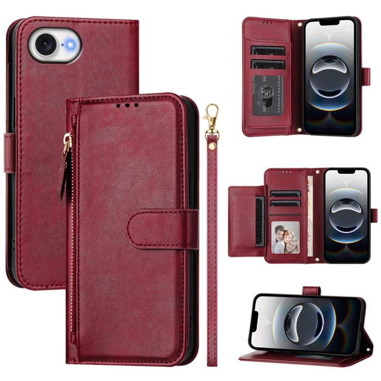 For iPhone 16e Multi-Card Slots Zipper Wallet Leather Phone Case(Dark Red) by bashfashion