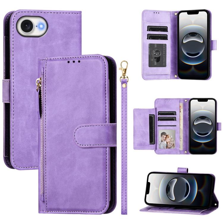 For iPhone 16e Multi-Card Slots Zipper Wallet Leather Phone Case(Purple) by bashfashion