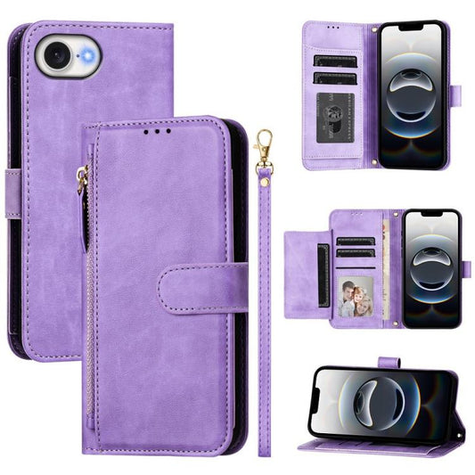 For iPhone 16e Multi-Card Slots Zipper Wallet Leather Phone Case(Purple) by bashfashion