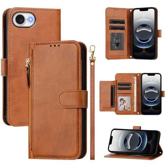 For iPhone 16e Multi-Card Slots Zipper Wallet Leather Phone Case(Brown) by bashfashion