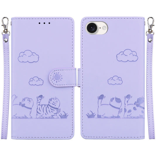 For iPhone 16e Cute Cats RFID Leather Phone Case(Purple) by bashfashion
