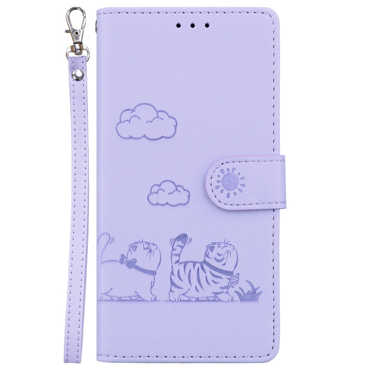For iPhone 16e Cute Cats RFID Leather Phone Case(Purple) by bashfashion