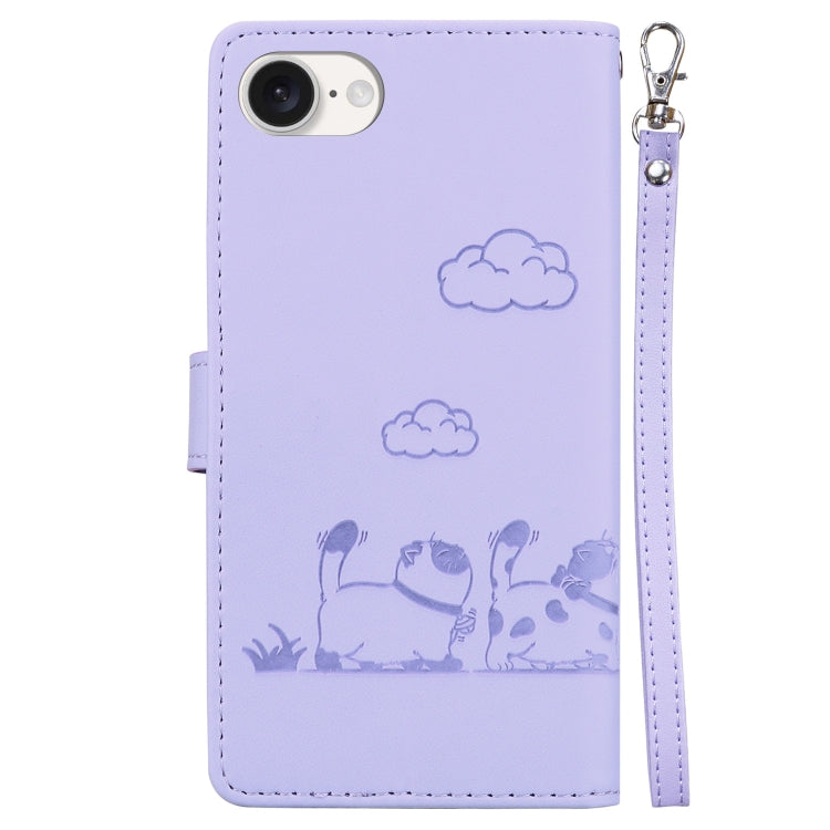 For iPhone 16e Cute Cats RFID Leather Phone Case(Purple) by bashfashion