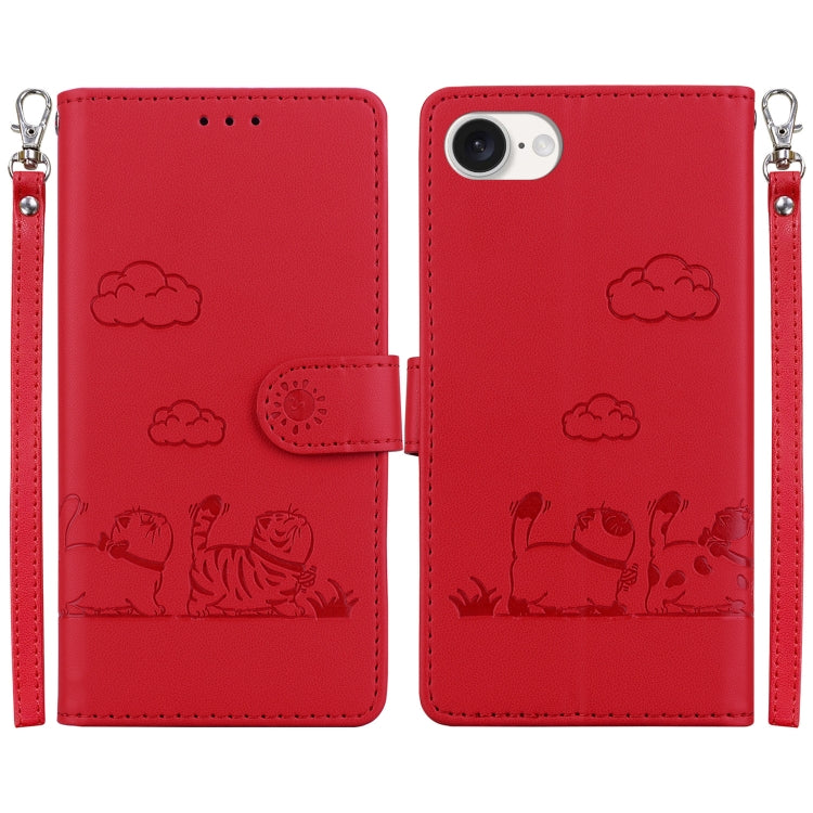 For iPhone 16e Cute Cats RFID Leather Phone Case(Red) by bashfashion