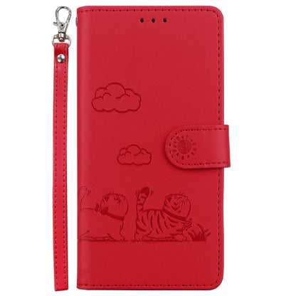 For iPhone 16e Cute Cats RFID Leather Phone Case(Red) by bashfashion