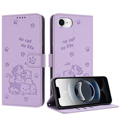 For iPhone 16e Embossed Kitten Phone Leather Case with Lanyard(Purple) by bashfashion