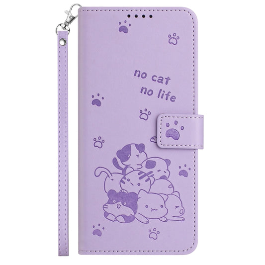 For iPhone 16e Embossed Kitten Phone Leather Case with Lanyard(Purple) by bashfashion