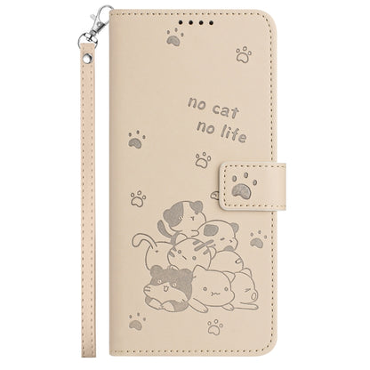 For iPhone 16e Embossed Kitten Phone Leather Case with Lanyard(Beige) by bashfashion