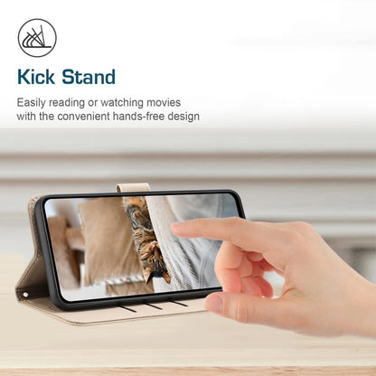 For iPhone 16e Embossed Kitten Phone Leather Case with Lanyard(Beige) by bashfashion