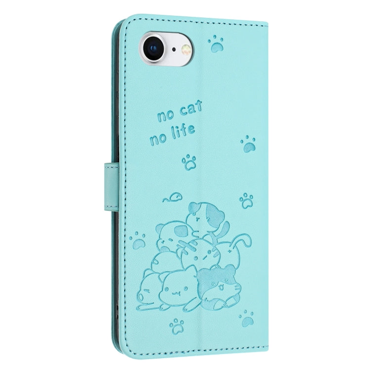 For iPhone 16e Embossed Kitten Phone Leather Case with Lanyard(Mint Green) by bashfashion