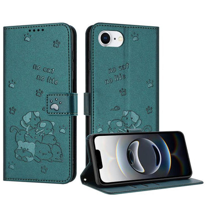 For iPhone 16e Embossed Kitten Phone Leather Case with Lanyard(Dark Green) by bashfashion