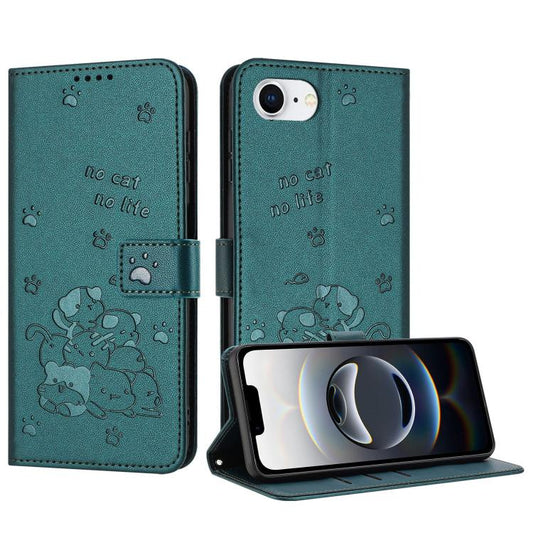 For iPhone 16e Embossed Kitten Phone Leather Case with Lanyard(Dark Green) by bashfashion