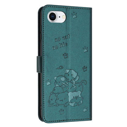 For iPhone 16e Embossed Kitten Phone Leather Case with Lanyard(Dark Green) by bashfashion